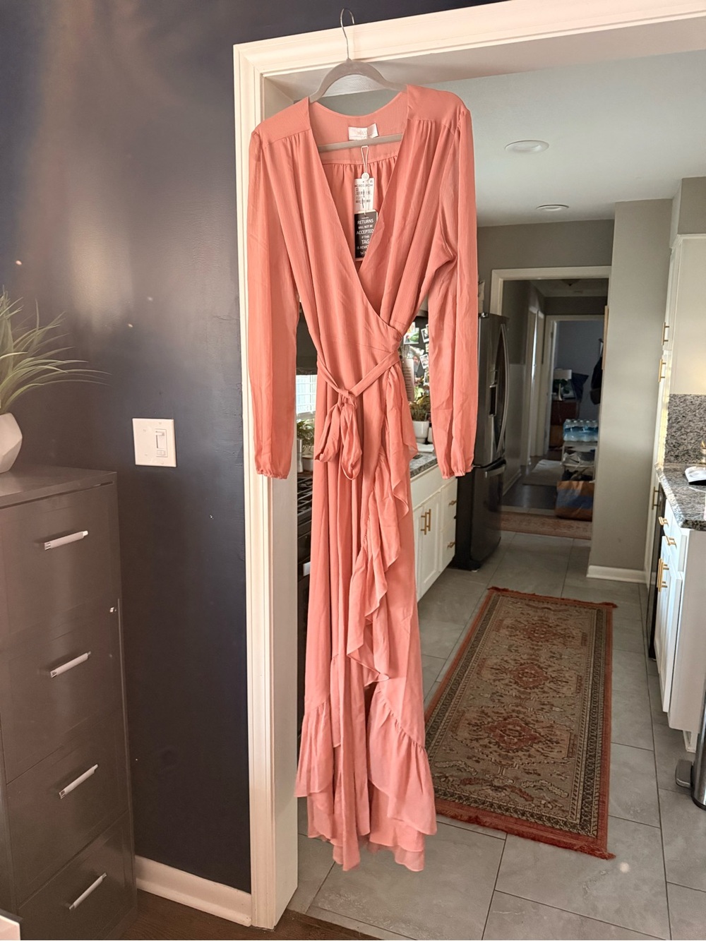 Wayf Coral Wrap Maxi Dress with Ruffle Cascade